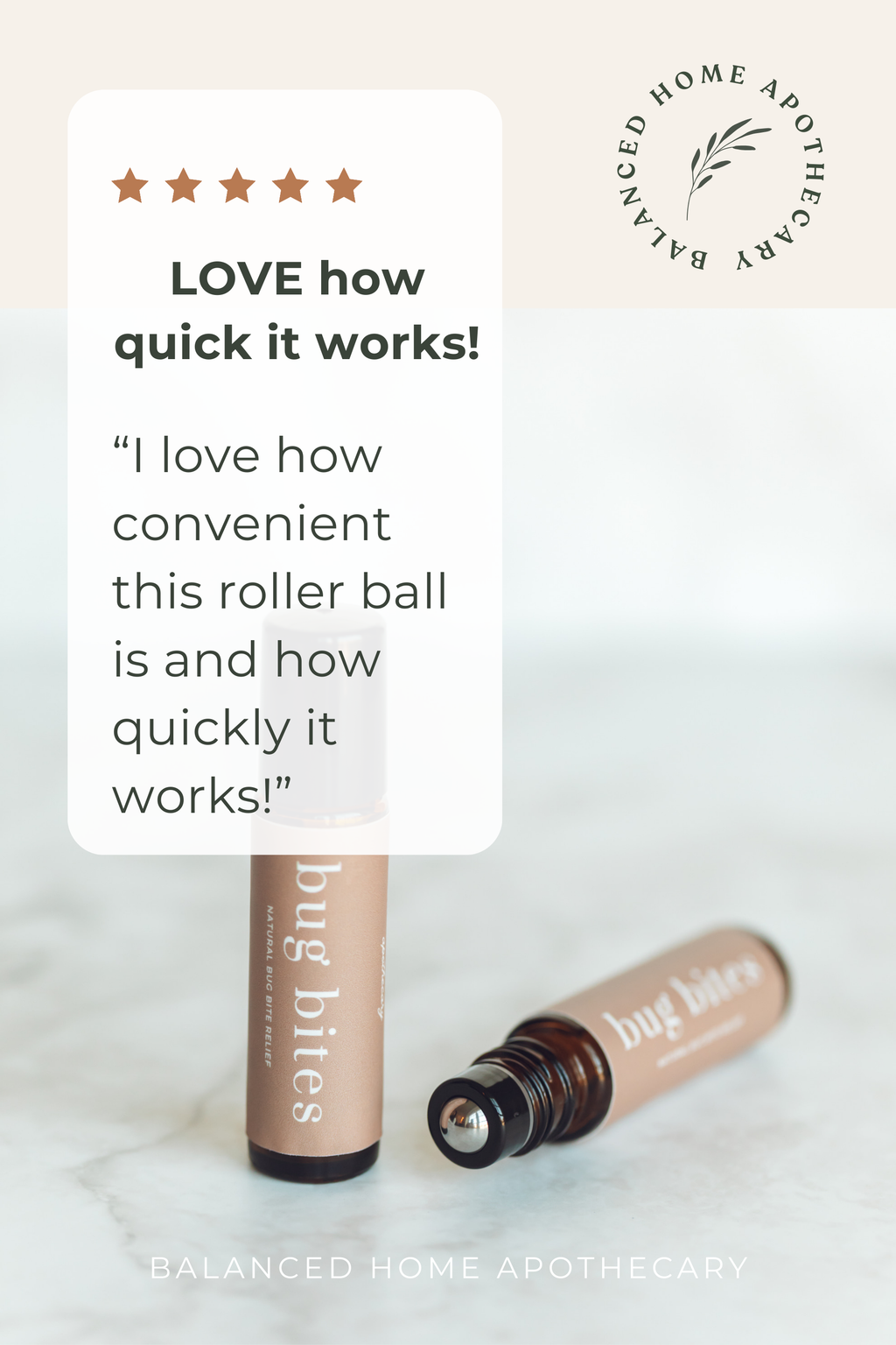 Roller ball product with customer review text on a light background