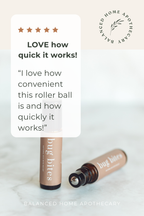 Roller ball product with customer review text on a light background