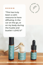 Balanced Home Apothecary 'calm' products with a customer review on a white background.