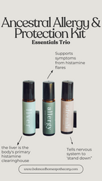 Three rollerball bottles labeled 'Liver', 'Allergy', and 'Adrenals' on a light gray background with text about symptoms and support.