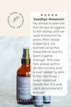 Balanced Home Apothecary sleep blend bottle with customer review on a light background