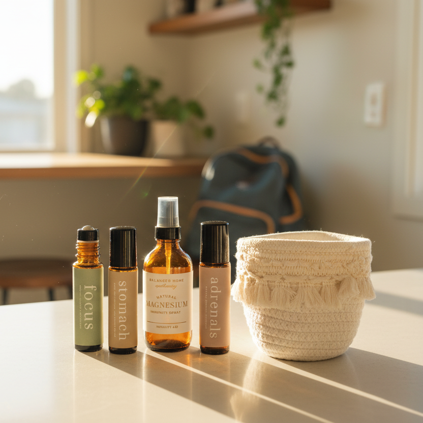 A set of natural wellness products including three amber glass roller bottles and a spray bottle labeled 'MAGNESIUM' next to a white woven basket with tassels, all set against a solid sage green background.