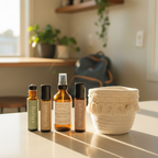 A set of natural wellness products including three amber glass roller bottles and a spray bottle labeled 'MAGNESIUM' next to a white woven basket with tassels, all set against a solid sage green background.