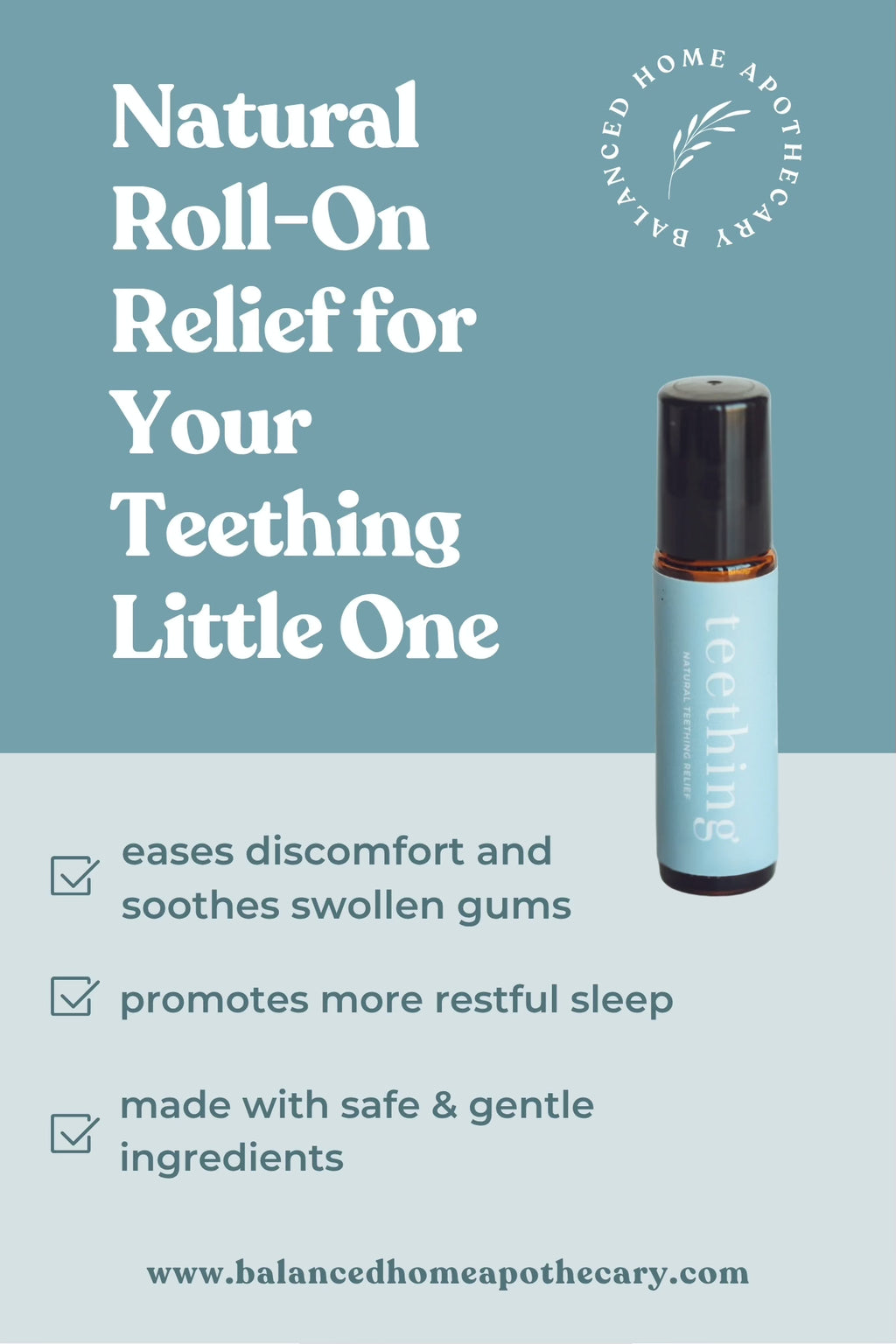 Roll-on bottle with text about natural relief for teething on a blue background

Lavender chamomile copaiba teething rollerball for babies

Gentle teething relief with safe essential oils

Natural baby teething roller with organic fractionated coconut oil