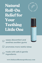 Roll-on bottle with text about natural relief for teething on a blue background

Lavender chamomile copaiba teething rollerball for babies

Gentle teething relief with safe essential oils

Natural baby teething roller with organic fractionated coconut oil