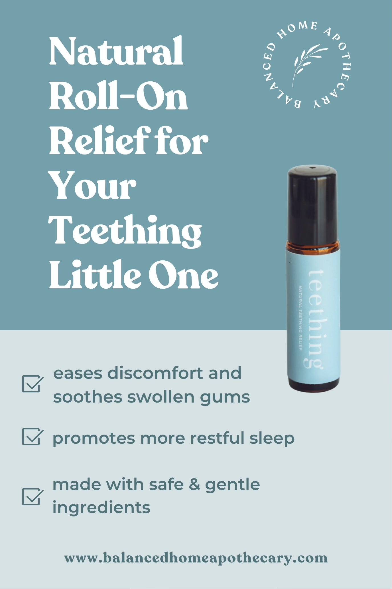 Roll-on bottle with text about natural relief for teething on a blue background

Lavender chamomile copaiba teething rollerball for babies

Gentle teething relief with safe essential oils

Natural baby teething roller with organic fractionated coconut oil