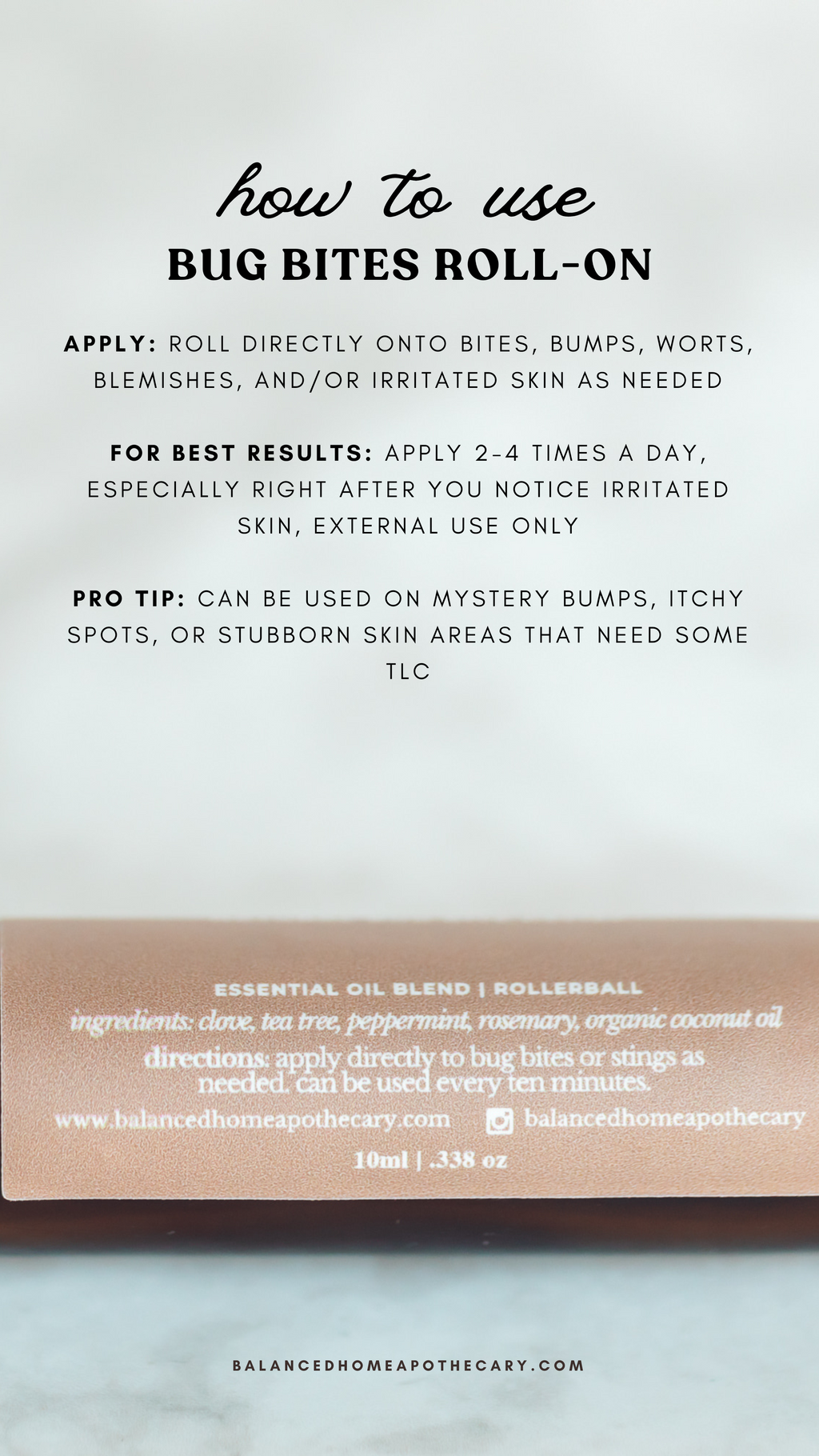 Instructions for using a bug bites roll-on product on a white background