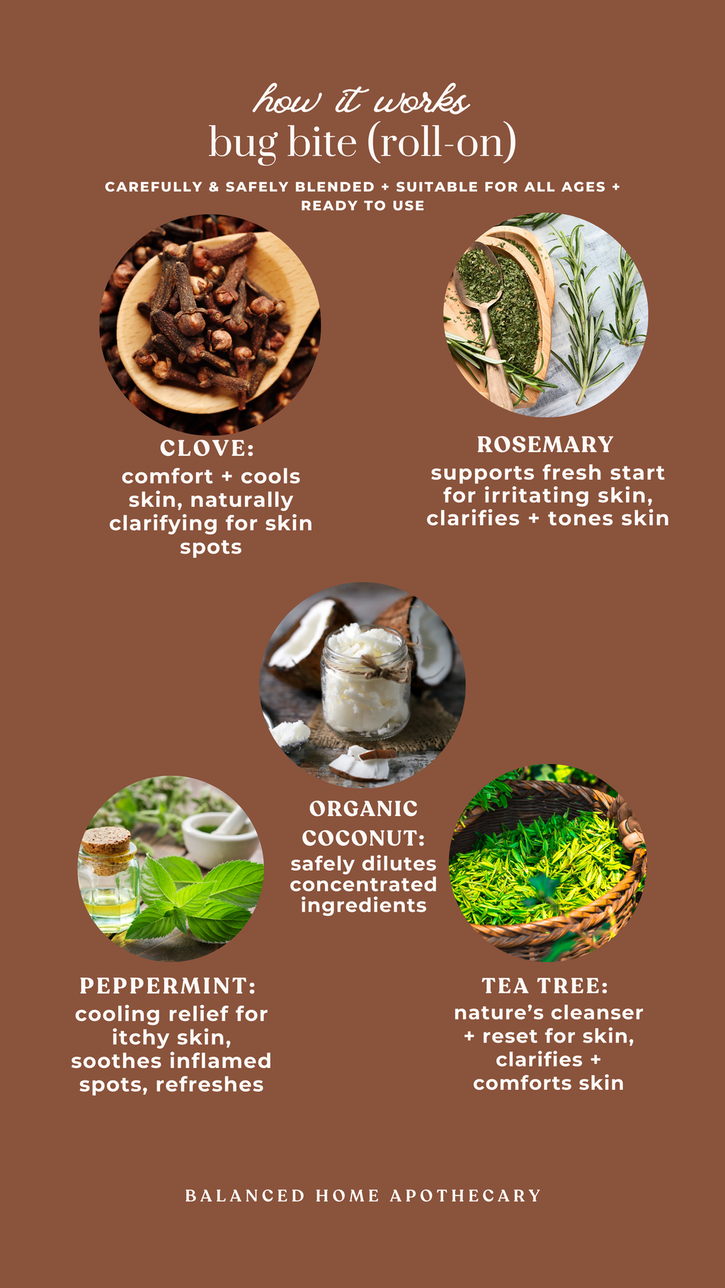 Balanced Home Apothecary bug bite roll-on product description with images and text on a brown background.