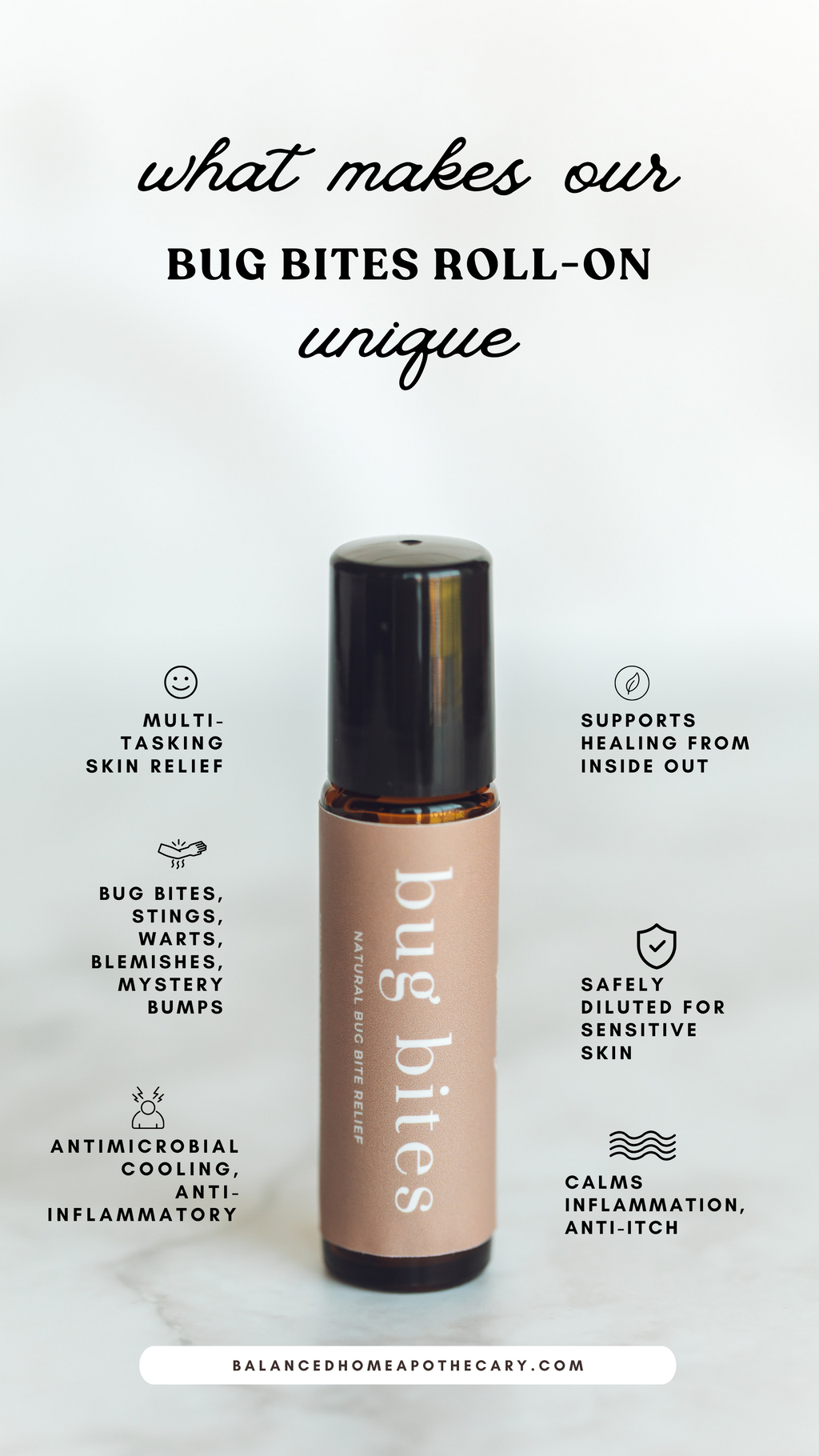 Bug bites roll-on with text highlighting unique features on a white background