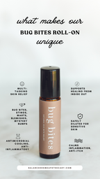 Bug bites roll-on with text highlighting unique features on a white background