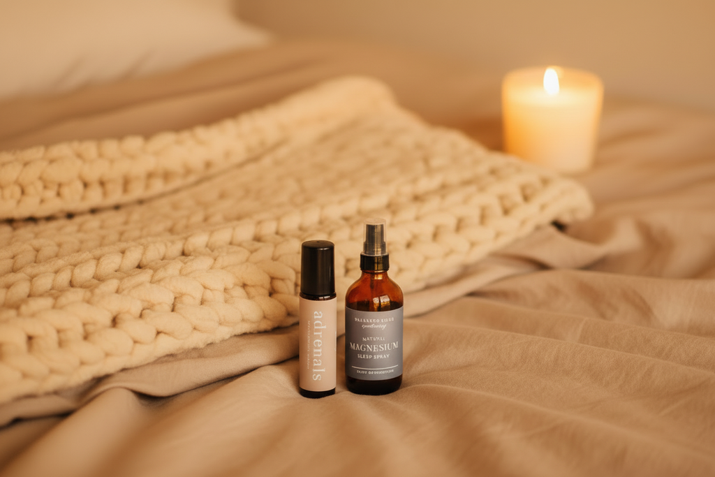 Two bottles of 'Safe to Sleep Duo' on a marble background with instructions.