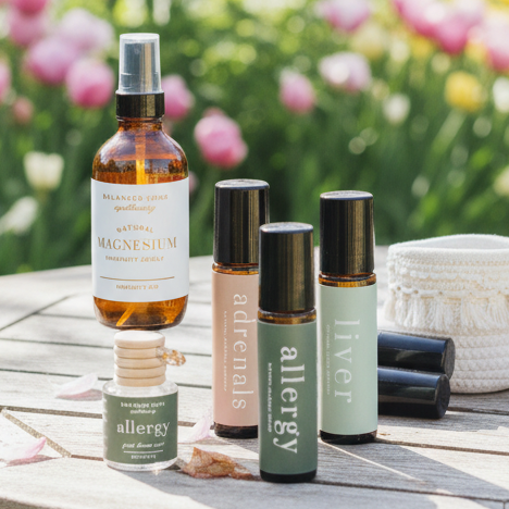 Collection of essential oil bottles on a wooden table with a garden background