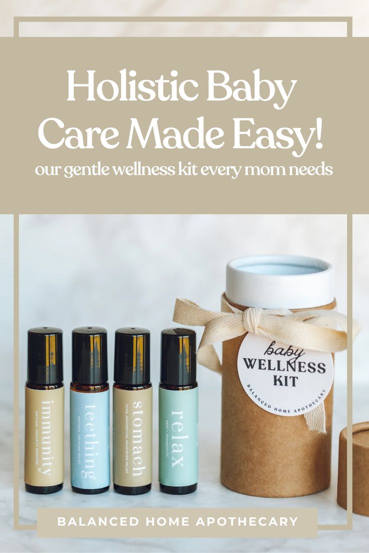 Baby wellness kit with bottles labeled 'immunity', 'stomach', and 'relax' from Balanced Home Apothecary.