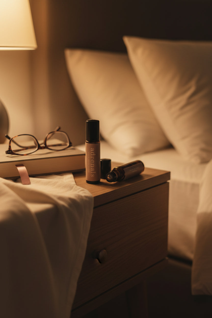 Nightstand with adrenals rollerball products and glasses next to a bed in a dimly lit room
