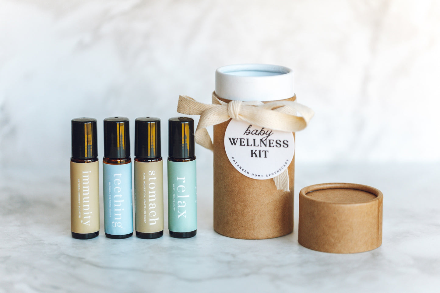 Baby wellness kit with bottles and a cylindrical container on a white background

Lavender chamomile copaiba teething rollerball for babies

Gentle teething relief with safe essential oils

Natural baby teething roller with organic fractionated coconut oil