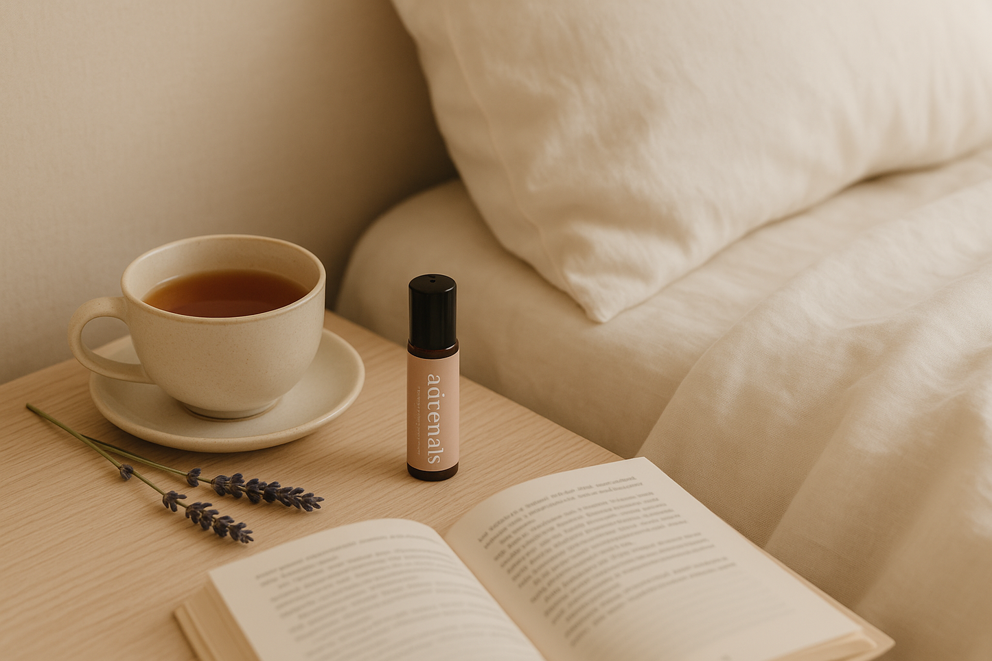 Calming lifestyle photo featuring the adrenals rollerball in a serene bedtime setting with soft linens, suggesting stress relief and better sleep