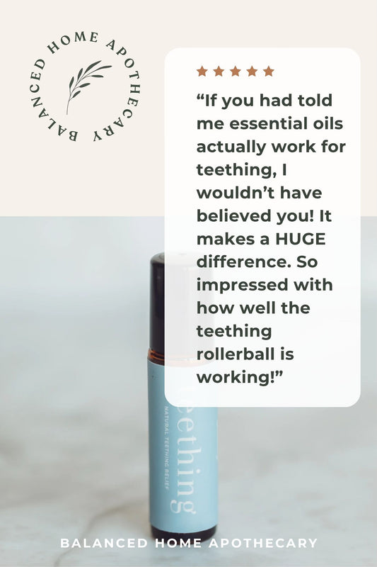 Teething rollerball with customer review on a light gray background

Lavender chamomile copaiba teething rollerball for babies

Gentle teething relief with safe essential oils

Natural baby teething roller with organic fractionated coconut oil